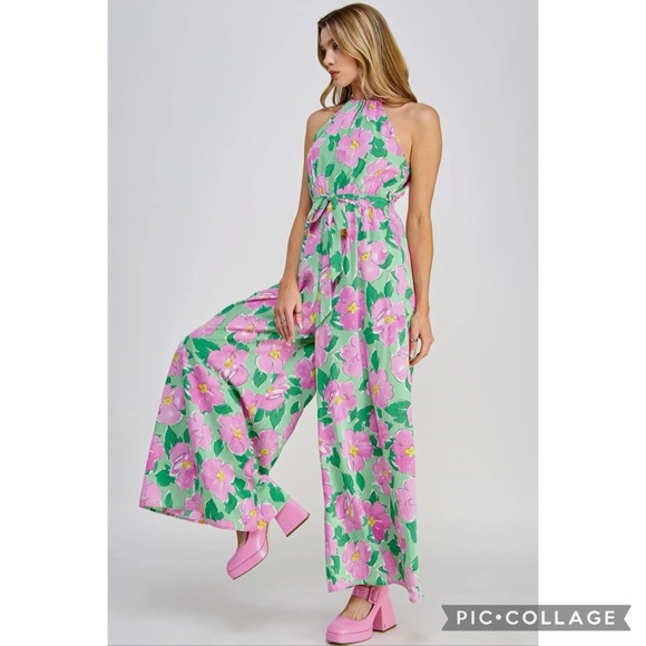 NEW Floral Halter Belted Wide Leg Jumpsuit - Picture 3 of 5